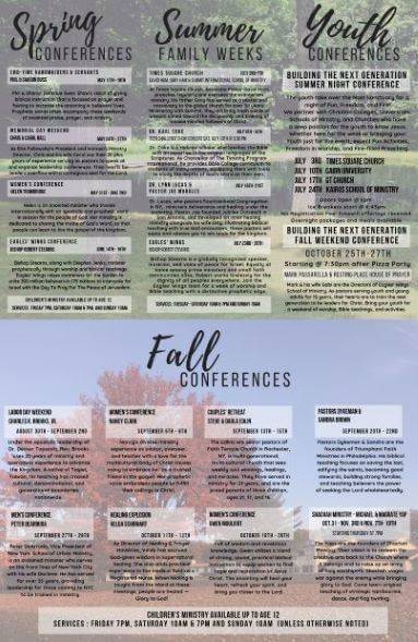 Conference schedule flyer with four sections: Spring Conferences, Summer Family Weeks, Youth Conferences, and Fall Conferences. Each section lists event names, dates, and brief descriptions for each christian retreat against a nature background.